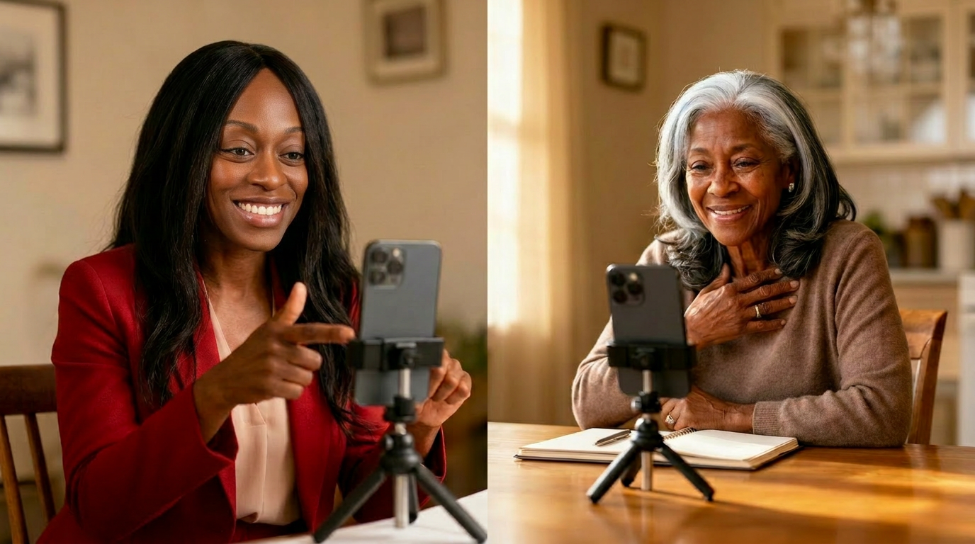 DeLora Lambert on a virtual coaching call, smiling and gesturing as she teaches an older Black woman with silver-streaked hair how to set up her smartphone on a small tabletop tripod. The student looks delighted and engaged.