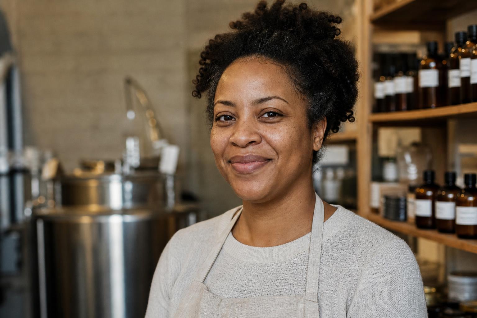 A medium-complexioned Black woman in her early thirties, warm kind eyes