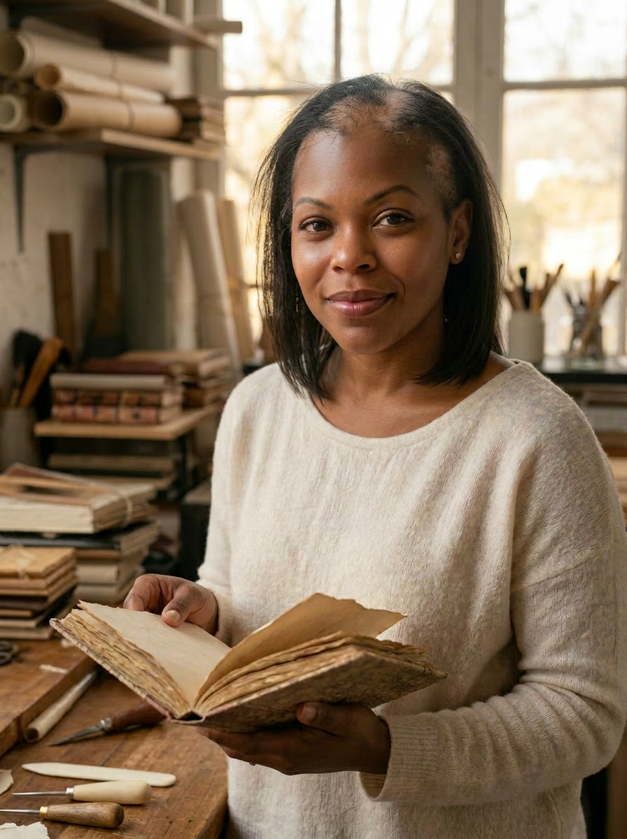 A dark-complexioned Black woman in her late twenties with alopecia, founder of a handmade journals line encouraging women with hair loss, in her studio workshop