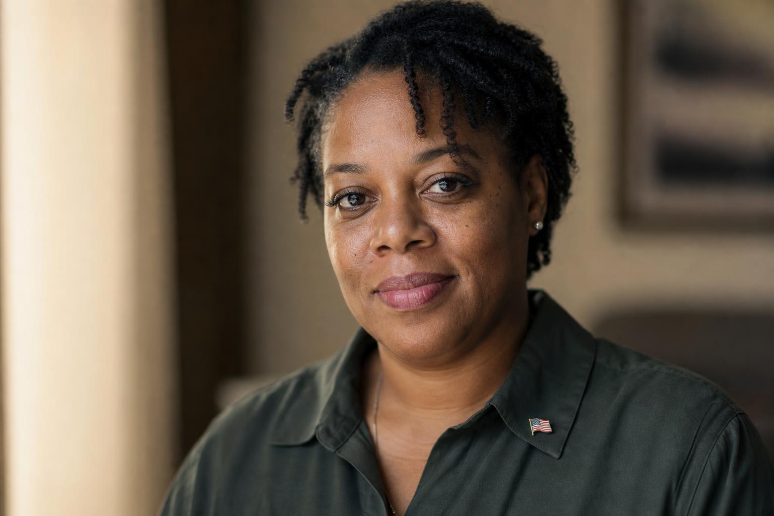 A Black woman in her forties, a proud disabled military veteran now a civilian, wearing a small American flag lapel pin with a quiet, dignified smile